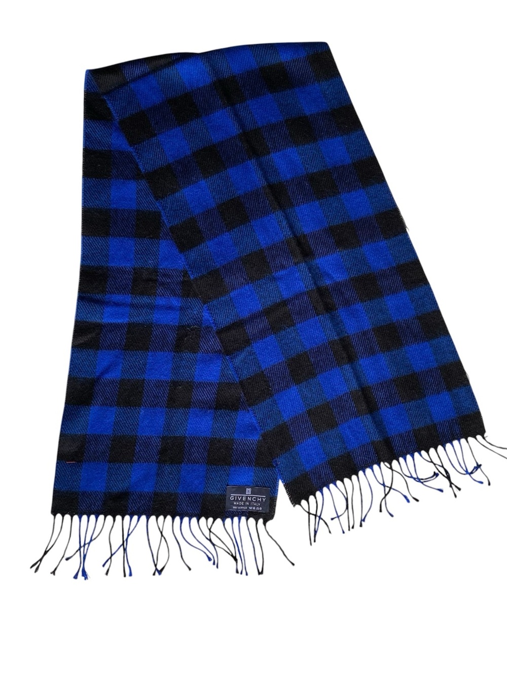 Givenchy Blue and Black Buffalo Check Scarf with Fringe